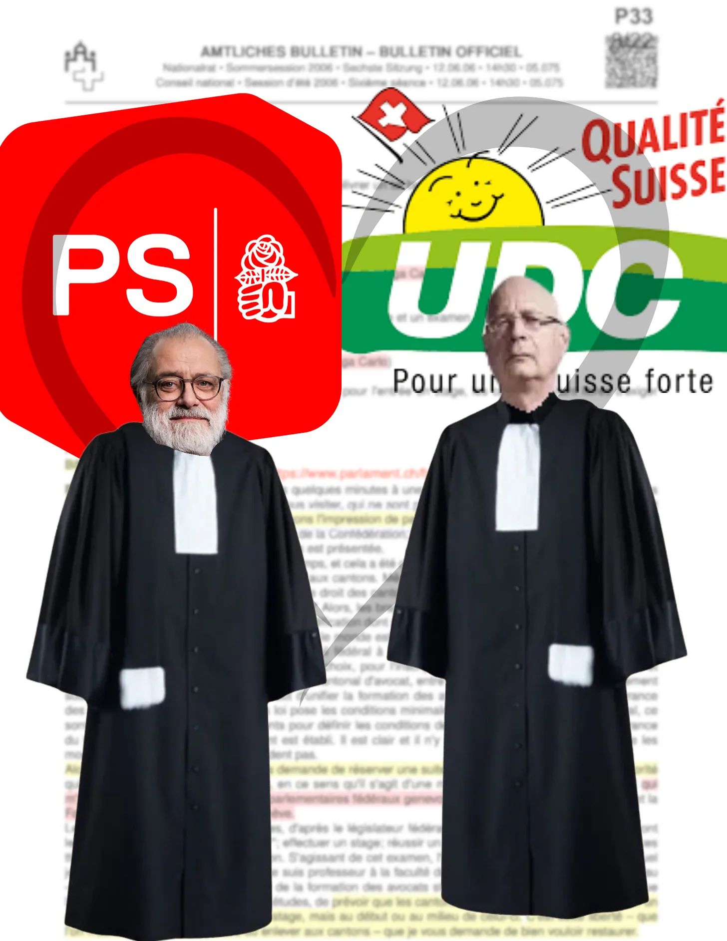 Montage photographique de Carlo Sommaruga et Jacques Pagan en robe d’avocat, sur fond du bulletin officiel du Conseil national du 12 juin 2006, avec les logos du PS et de l’UDC.