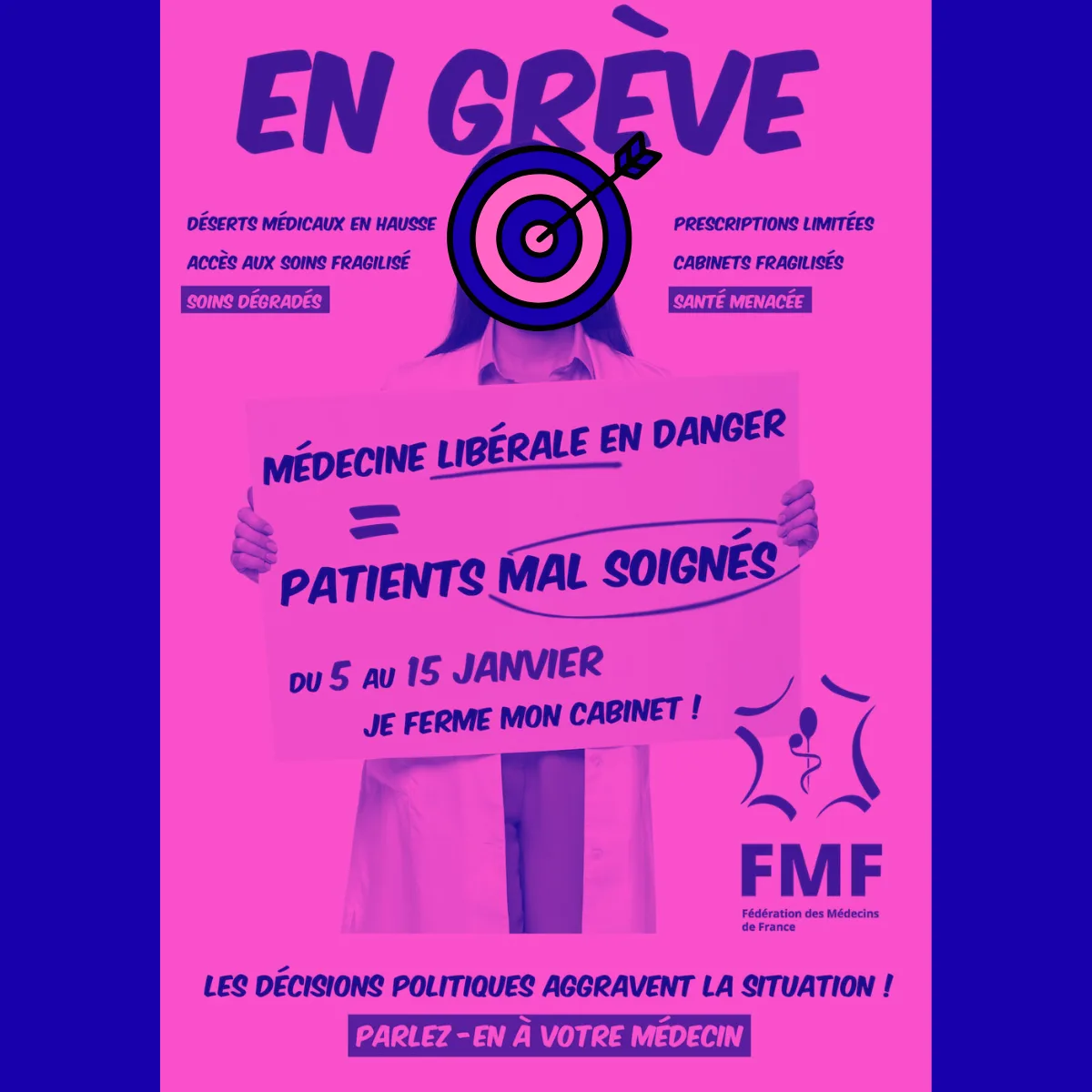 Affiche rose et bleue de la Fédération des médecins de France : « En grève. Médecine libérale en danger = patients mal soignés. Du 5 au 15 janvier, je ferme mon cabinet ! »